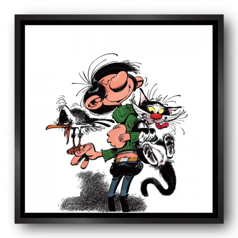 Offre Spéciale Tableau Gaston Lagaffe - Gaston et ses animaux - 60 x 60 cm - Caisse américaine noire
